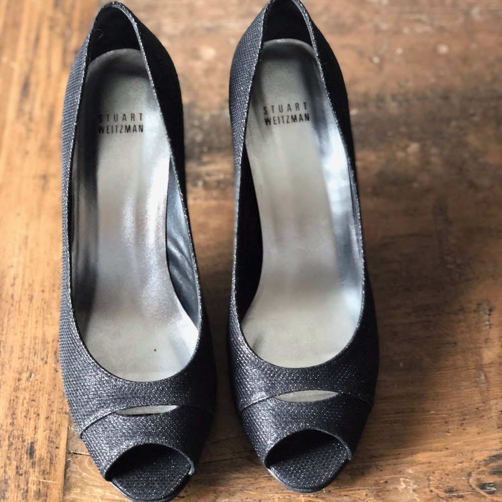 Stuart Weitzman black sparkle lame high heeled peep-toe pumps. Size 9.5M